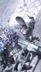  absurdres architecture asymmetrical_bangs black_dress black_hair blue_eyes candle candlestand chair chrysanthemum church covered_eyes crossed_legs curly_hair desk dress eyes_visible_through_hair flower gothic_architecture hair_over_eyes hat highres holding holding_wand indoors ink large_hat long_bangs long_sleeves on_chair on_desk original pew plant purple_flower qian_jiang_yue_de_li_ji scenery sitting sitting_in_window vase wand white_flower window witch witch_hat 