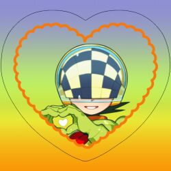  1boy armor blue_background close-up covered_eyes double_soul_(mega_man) green_armor green_background hair_ornament heart heart_hair_ornament male_focus mega_man_(series) mega_man_battle_network_(series) megaman.exe numberman.exe orange_background parted_lips simple_background smile solo tango_dream yellow_background 