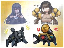  2girls anger_vein banana_(girls'_frontline) dandelion_(girls'_frontline) dinergate_(girls'_frontline) english_text girls'_frontline_2:_exilium girls_frontline highres kemonomimicon long_hair megaphone mo_(girls'_frontline_2) multiple_girls official_alternate_costume ro635_(girls'_frontline) robella_(girls'_frontline_2) smile surprised white_eyes 