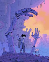  1boy architecture bag belt black_hair building fantasy flower golden_hour gun highres jacket junk mechanical_arms migamigami open_clothes open_jacket original outdoors pants shoes solo toon_(style) weapon white_flower wire 