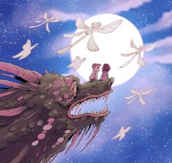  1boy 1girl bug butterfly clouds commentary dragon dragon_horns dragonfly fantasy from_behind full_moon highres horns looking_at_another migamigami moon night night_sky original riding_dragon sitting sky snout teeth toon_(style) 