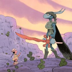  1girl 1other armor basket boots braid cactus cape eye_contact fantasy hat headband highres holding holding_basket looking_at_another migamigami original outdoors pants rock size_difference sword weapon 