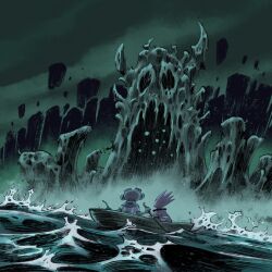  1boy 1girl afloat aqua_theme boat capelet dress entrance fantasy frog_boy from_behind headpiece highres migamigami ocean original pillar_(landform) rock rowboat storm watercraft waves 