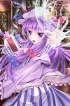  1girl book bookshelf bow dress greek hair_bow hat hat_ribbon highres long_hair looking_at_viewer magic_circle mob_cap namatyaba open_book open_hand open_mouth outstretched_arm patchouli_knowledge payot pentagram purple_hair ribbon robe runes solo touhou violet_eyes 