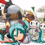  bdsm blue_eyes blue_hair blush bondage bound_arms detached_sleeves hatsune_miku highres long_hair lying necktie puppet puppets rope spring_onion stuffed_animal stuffed_animals stuffed_toy tears twintails vocaloid wadatsumi 
