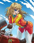  blonde_hair blue_eyes bodysuit boots gloves grendizer happy maria_grace_fleed motercycle motor_vehicle motorcycle pilot_suit pipipi sky smile teeth thigh-highs thigh_boots thighhighs ufo_robo_grendizer vehicle 