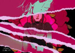  1boy closed_mouth crossdressing dress golden_kamuy ienaga_kano juliet_sleeves leaf lipstick long_sleeves makeup military_uniform mole mole_under_mouth naruysae puffy_sleeves sash short_hair sidelocks signature torn_paper 