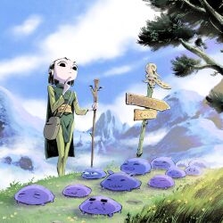  1boy bag black_hair cape clouds creature fantasy finger_to_own_chin full_body highres holding long_sleeves migamigami mountainous_horizon nature on_grass original outdoors pants plant shoulder_bag signpost sky standing toon_(style) tree walking 