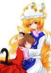  blonde_hair brown_hair cat_ears cat_tail chen closed_eyes fox_ears fox_tail hand_on_head hat hug inu3li short_hair tail touhou yakumo_ran 