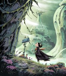  1boy black_hair creature fantasy from_side full_body highres holding holding_paper long_sleeves mail migamigami on_grass original outdoors pants paper plant robe toon_(style) wind 