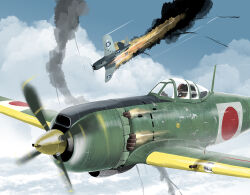  aircraft airplane clouds f4u_corsair fire flying helmet ki-84_hayate matsuda_juukou military military_vehicle original pilot pilot_helmet propeller propeller_fighter shot_down sky smoke smoke_trail world_war_ii 