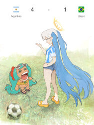 2026_fifa_world_cup argentina argentinian_miku asociacion_de_futbol_argentina ball brazilian_miku chopper_crying_(meme) dark_skin denim denim_shorts flag glasses hatsune_miku highres meme sad sandals screaming shorts soccer soccer_ball sun tan twintails united vocaloid world_cup yugen99