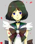  azuma_yukihiko bad_id bishoujo_senshi_sailor_moon black_hair blue_eyes bob_cut choker earrings green_hair highres jewelry magical_girl petals profile sailor_saturn short_hair smile solo tiara tomoe_hotaru 