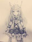  1girl ahoge animal_ears bow elin_(tera) frills garters gloves gothic_lolita graphite_(medium) lolita_fashion long_hair looking_at_viewer momoko_(momopoco) monochrome parted_lips solo tera_online traditional_media 