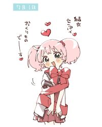  1girl :d blunt_bangs blush_stickers brown_sailor_collar commentary_request cropped_legs dress green_eyes hair_bobbles hair_ornament heart highres looking_at_viewer namori nanamori_school_uniform open_mouth pink_hair red_dress red_ribbon ribbon sailor_collar school_uniform short_hair short_sleeves simple_background smile solo translation_request twintails white_background wrapped_up yoshikawa_chinatsu yuru_yuri 