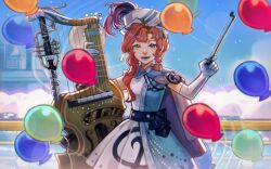  1girl :d balloon barcarola_(reverse:1999) blue_dress blue_eyes blue_sky bow_(music) braided_sidelock cape chen_i_mzs clouds crackling_box_(reverse:1999) dress elbow_gloves gloves hands_up hat hat_feather highres holding holding_bow_(music) holding_instrument instrument long_hair looking_at_viewer mole mole_under_eye purple_cape railing red_hair reverse:1999 shako_cap short_dress sky sleeveless sleeveless_dress smile solo too_many_balloons two-tone_dress upper_body white_dress white_gloves white_hat 