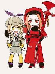  2girls bird blonde_hair breasts brown_capelet capelet crow deerstalker hat heaven_burns_red highres irene_redmayne kulfiq large_breasts maria_de_angelis multiple_girls nun panicking parted_bangs red_eyes red_hair short_hair sweat thigh-highs veil yellow_eyes 