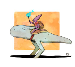  artist_logo backpack bag blue_fire creature fantasy fire holding holding_torch jumpsuit logo migamigami original pink_jumpsuit pointy_hat red_scarf riding riding_animal saddle scarf shadow simple_background smile torch white_background 