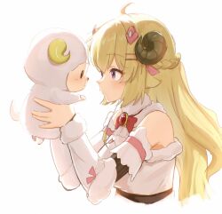  1girl ahoge animal cropped_torso detached_sleeves dress highres holding holding_animal hololive horns long_hair mo_chan0225 sheep sheep_horns tsunomaki_watame tsunomaki_watame_(1st_costume) violet_eyes virtual_youtuber watamate white_background white_dress 