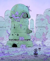  1other armor boots building capelet day entrance gloves helmet highres migamigami original outdoors ruins sheath sheathed sky solo sword sword_on_back weapon weapon_on_back wide_shot 