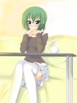  blush green_hair iwasaki_minami kuro_inu kuroinu_(sonoba_shinogi) lucky_star short_hair sitting skirt thigh-highs thighhighs zettai_ryouiki 