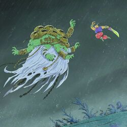  1boy arm_up battle boss_fight colored_skin extra_arms fantasy from_side green_skin headpiece highres holding holding_sword holding_weapon jumping migamigami monster original outdoors pants plant rain red_pants sword weapon yellow_skin 