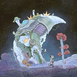  1other architecture backpack bag building candle complex_exterior entrance fantasy helmet highres holding long_sleeves migamigami nature original outdoors plant pottery rock round_window sky solo spacesuit star_(sky) starry_sky tree window 