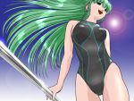  from_below green_eyes green_hair ikuta_kaoru long_hair one-piece_swimsuit pole swimsuit view_from_below 