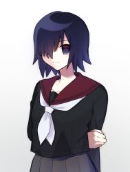  1girl :| alone black_bodysuit blush bodysuit closed_mouth dun_dudu expressionless fate/empire_of_dirt fate/stay_night fate_(series) hair_over_one_eye long_sleeves looking_at_viewer neckerchief one_eye_covered sailor_collar school_uniform simple_background skirt solo standing tachie_(fate) werewolf 