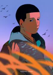  1boy bird black_hair blurry blurry_foreground closed_mouth dawn dead_animal golden_kamuy goose highres japanese_clothes male_focus naruysae ogata_hyakunosuke outdoors short_hair sideburns signature solo upper_body 