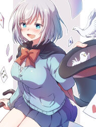  1girl absurdres bird black_cape black_hat blue_cardigan blue_eyes blue_skirt blush border bow bowtie breasts cane cape card cardigan commentary grey_background grey_hair hat highres holding holding_cane holding_hat holding_unworn_clothes large_breasts looking_at_viewer nyaa_(nnekoron) open_mouth outside_border pillarboxed playing_card pleated_skirt red_bow red_bowtie short_hair sitting skirt smile solo tejina_senpai tejina_senpai_(series) top_hat white_bird white_border 