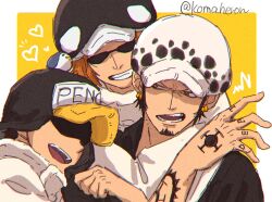  3boys animal_on_head arm_tattoo artist_name bird bird_on_head black_hair black_hat black_shirt border brown_hair chromatic_aberration collared_shirt commentary earrings facial_hair finger_tattoo fur_hat goatee gold_earrings grin hand_tattoo hand_up hat heart highres hug jewelry koma_heron long_sleeves looking_at_another male_focus multiple_boys on_head one_piece open_mouth outside_border penguin_(one_piece) shachi_(one_piece) shirt short_hair sideburns smile squiggle sunglasses symbol-only_commentary tattoo teeth trafalgar_law twitter_username upper_body v-shaped_eyebrows white_border white_hat yellow_background yellow_eyes 