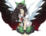 black_hair gohitsuki kneeling long_hair reiuji_utsuho ribbon smile touhou wings 