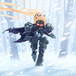  1boy 1other armor blizzard cape colored_skin curled_up fantasy fetal_position glowing glowing_eyes helmet highres holding migamigami nature original outdoors shoulder_armor snow snowing space_helmet tree walking 