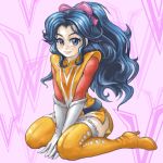 1girl blue_eyes blue_hair boots choudenji_machine_voltes_v curly_hair gloves hair_ribbon lace lipstick makeup oka_megumi pilot_suit pipipi ponytail retro_artstyle ribbon smile solo thigh-highs thigh_boots thighhighs