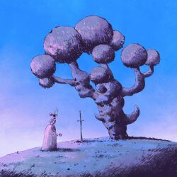  1girl black_hair crown fantasy flower from_side full_body grass grave hair_bun highres holding holding_flower long_sleeves migamigami nature on_grass original outdoors plant planted planted_sword princess sword tree weapon wide_shot 