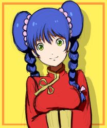  1girl beeru_(veil8801) blue_hair braid breasts chinese_clothes choujikuu_yousai_macross closed_mouth double_bun drop_shadow green_eyes hair_bun hair_ribbon hands_in_opposite_sleeves highres long_hair long_sleeves looking_at_viewer lynn_minmay macross medium_breasts pink_ribbon ribbon smile solo twin_braids yellow_background 