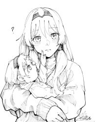  2girls ? an-94_(girls'_frontline) baby blush cheek_poking child girls_frontline greyscale hairband highres holding_baby long_hair looking_at_viewer monochrome mother_and_daughter multiple_girls poking sweater upper_body zhima01600218 