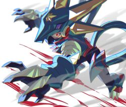  1boy absurdres armor black_bodysuit blue_armor blue_helmet bodysuit claws full_body gregar_(mega_man) helmet highres jinsu_exe male_focus mega_man_(series) mega_man_battle_network_(series) mega_man_battle_network_6 megaman.exe red_eyes solo 