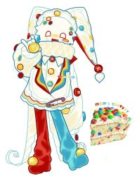  1other asymmetrical_footwear bomal1215 buttons cake clothes_pin colored_skin food food-themed_clothes full_body hat jester jester_cap lapels long_sleeves m&amp;m's mismatched_footwear neck_ruff notched_lapels open_mouth original puffy_long_sleeves puffy_sleeves simple_background smile solo white_background white_hair white_skin 