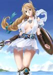  1girl blonde_hair blue_eyes braid breasts center_opening cropped_legs dress earrings feet_out_of_frame female green_eyes hair_ornament hair_ribbon hair_ribbons jewelry long_hair namco no_bra outdoors panties ribbon ribbons ryou_(pixiv22748) see-through shield sky solo sophitia_alexandra soul_calibur soulcalibur sword underwear weapon white_dress 