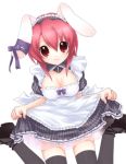 breasts bunny_ears cleavage dress maid mani original rabbit_ears red_eyes red_hair redhead sitting skirt skirt_lift smile thigh-highs thighhighs zettai_ryouiki 
