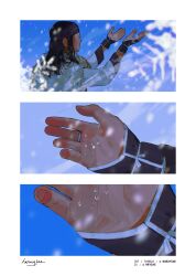 1girl asirpa black_hair closed_mouth earrings facing_away golden_kamuy hand_focus highres hoop_earrings jewelry long_hair long_sleeves naruysae outstretched_arms palms ring signature snowflakes solo winter 