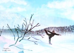  1boy black_hair blue_sky coat commentary english_commentary facial_hair golden_kamuy ice_skating leg_up male_focus mustache naruysae outdoors pants pine_tree short_hair signature skating sky snow solo sparkle tree ushiyama_tatsuma wide_shot winter 