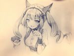  1girl :d bust detached_collar drill_hair faris_nyannyan graphite_(medium) long_hair looking_at_viewer maid_headdress momoko_(momopoco) monochrome open_mouth paw_pose portrait smile solo steins;gate traditional_media twin_drills twintails wrist_cuffs 