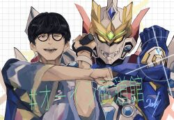  2boys black_hair character_request copyright_request glasses gridman_universe henshin_pose highres holding holding_microphone male_focus microphone multiple_boys ni_celery_pk one_eye_closed tokusatsu upper_body 