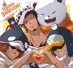  4boys :d ^_^ animal_ears bear_boy bear_ears bepo black_hair black_hat border cheek-to-cheek chest_tattoo chromatic_aberration closed_eyes closed_mouth clothes_writing collarbone commentary_request dated earrings facial_hair fur_hat furry furry_male goatee gold_earrings grey_eyes grin hand_up happy_birthday hat heads_together heart heart_hands heart_hands_duo highres hug jewelry koma_heron male_focus multiple_boys one_eye_closed one_piece open_mouth orca_hat outside_border penguin_(one_piece) penguin_hat shachi_(one_piece) sharp_teeth sheath sheathed short_hair sideburns smile sunglasses sword tank_top tattoo teeth trafalgar_law upper_body v-shaped_eyebrows weapon white_border white_hat white_tank_top yellow_background 