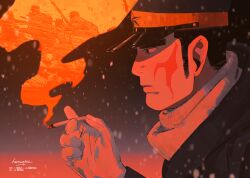  1boy black_hair black_hat cigarette closed_mouth coat commentary english_commentary from_side gloves golden_kamuy hat holding holding_cigarette long_sideburns male_focus naruysae noma_naoaki peaked_cap scar scar_on_face short_hair sideburns signature smoke smoke_trail smoking snowing solo upper_body white_gloves 