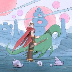  1boy bandaged_arm bandages cape creature fantasy floating from_side headpiece highres holding migamigami nature original outdoors pants pillar_(landform) planet rock shell short_hair sky sleeveless snail standing white_hair 