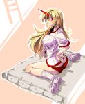  bandaid blonde_hair blush breasts buruma butt_crack gym_uniform highres horn hoshiguma_yugi hoshiguma_yuugi large_breasts long_hair mat oekaki red_eyes sitting socks tennis_shoes touhou tsukinami tsukinami_kousuke wariza 